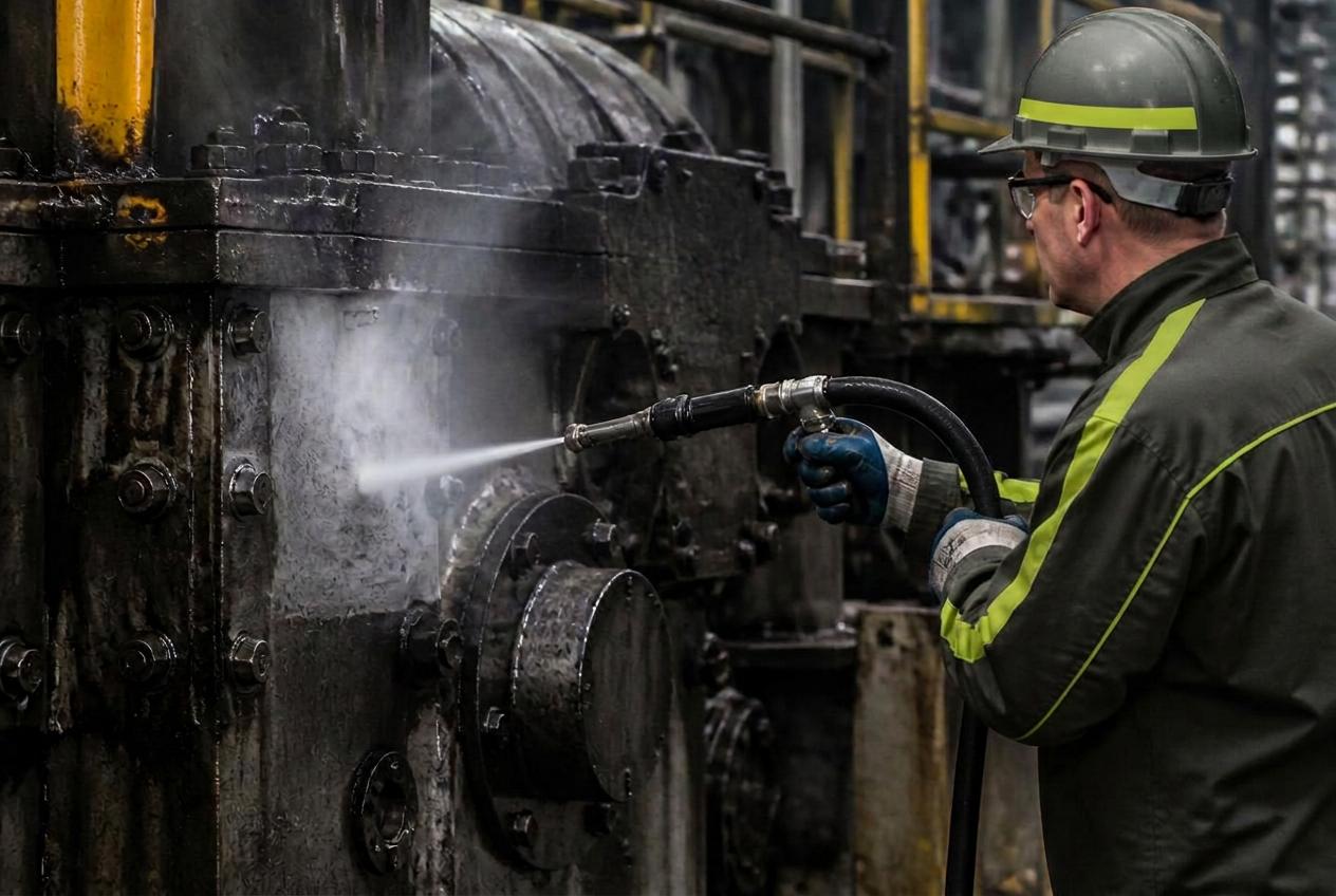 Industrial equipment cleaning with dry ice blasting